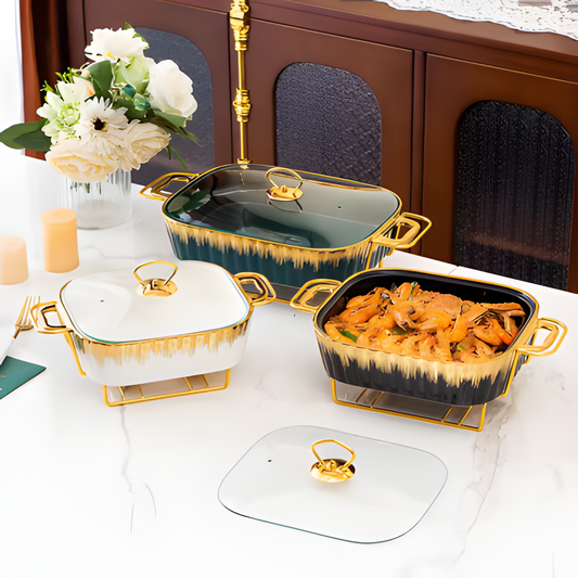 Oblong Ceramic Square Chafing Dish Set | Stylish Buffet Table Cookware with Stand | 3 Piece Set