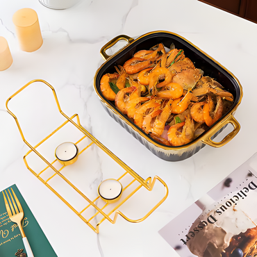 Oblong Ceramic Square Chafing Dish Set | Stylish Buffet Table Cookware with Stand | 3 Piece Set